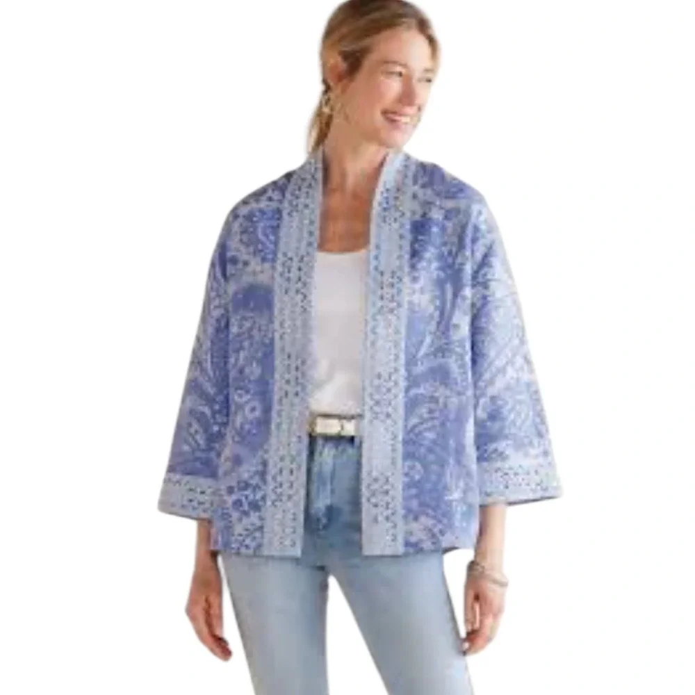 Soft Surroundings Verrado Jacket Blue Paisley Open Front‎ Kimono PXL EUC